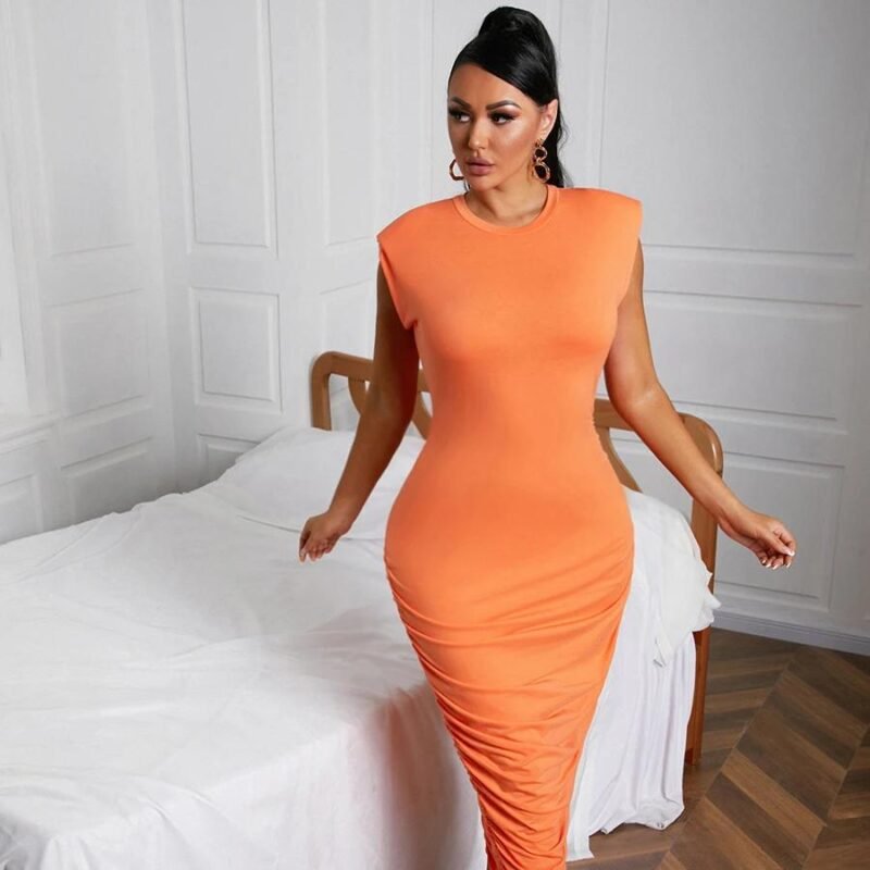 Casual Round Neck Ankle Length Long Dress Dresses color: Orange